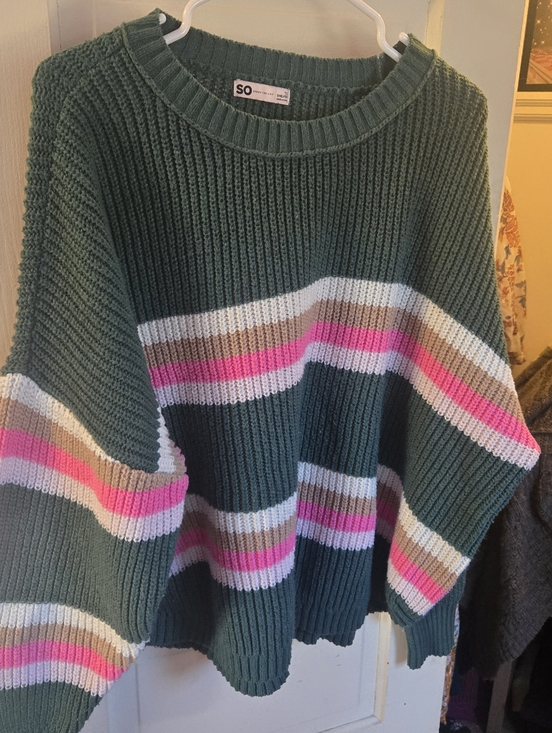 SO Sweaters - SO Dark Green Ribbed Crew Sweater with Pink, Cream & Tan Stripes